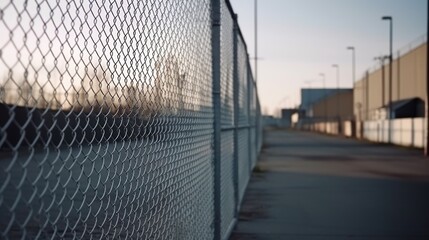 Fototapeta premium Chain-Link Fence Pathway at Dusk: An Industrial Scene