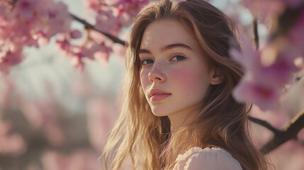 Naklejka premium Young woman poses among cherry blossoms in the golden light of early spring evening