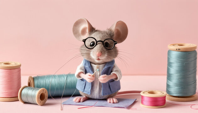 A mouse wearing a pastel-grey vest and round glasses, threading a needle and working on a piece of fabric.