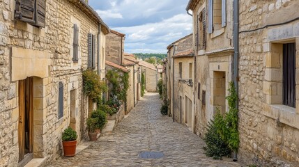 Obraz premium A charming cobblestone street lined with stone houses and greenery under a cloudy sky.