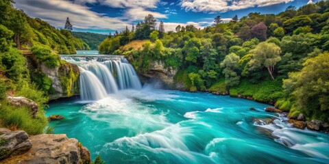 Fototapeta premium Stunning Product Photography of Huka Falls New Zealand: Nature's Power, Turquoise Waters, Adventure, and Scenic Beauty Captured in High Definition