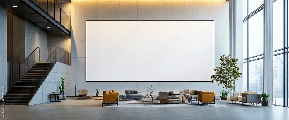 Aufkleber modern office space featuring a large blank display and seating area.