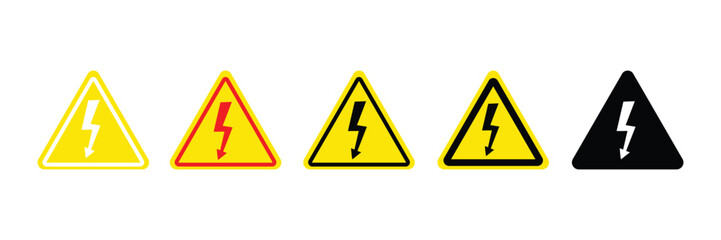 High voltage icon set. High voltage sign. Electric shock risk label. Vector stock illustration. Lightning bolt arrow symbol.