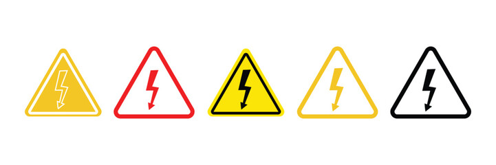 High voltage icon set. High voltage sign. Electric shock risk label. Vector stock illustration. Lightning bolt arrow symbol.