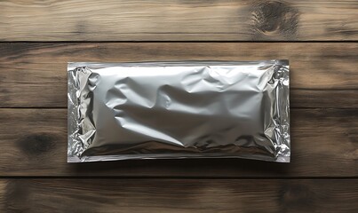 Silver Foil Package on Wooden Surface Background