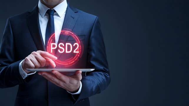 psd2 Concept, Businessman holding a tablet with text psd2, PSD2, payment services directive, open banking, financial technology, secure payments, fintech