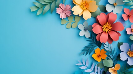 Obraz premium Top view of colorful paper cut flowers and green leaves arranged on a blue background with ample copy space for design and text placement.