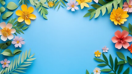 Top view of colorful paper cut flowers and green leaves arranged on a blue background with ample copy space for design and text placement.