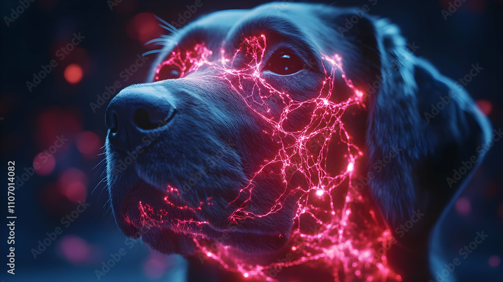 Poster a digitally enhanced image of a dog's face with glowing, abstract patterns.