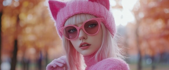 Quadrobics. A model with pink hair and cat-ear beanie wears oversized pink sunglasses. She poses amidst colorful autumn foliage, capturing a trendy, whimsical vibe during sunset