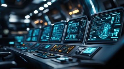 Futuristic control room with multiple display monitors showing blue holographic data interfaces, featuring advanced technological dashboard with illuminated buttons, control panels in dimly lit