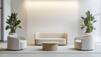 Modern seating area with minimalist design and indoor plants.