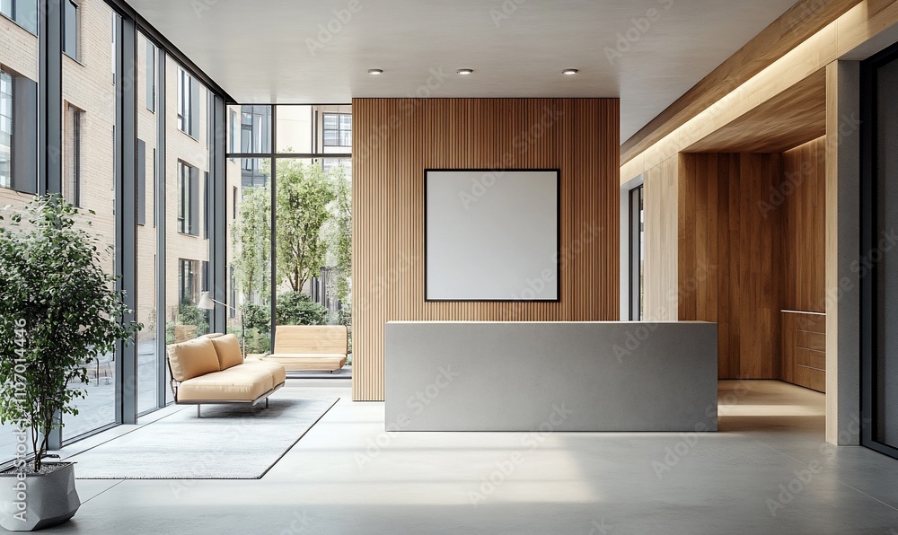 Aufkleber modern reception area with minimalist design and natural light.