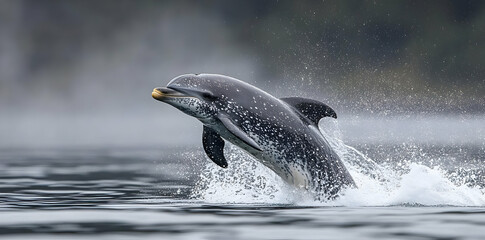 Fototapeta premium A dolphin leaps from the water, creating splashes in a serene marine environment.