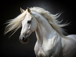 Obraz premium Majestic White Horse Isolated on a Black Background, Capturing the Ethereal Beauty and Grace of the Equine Form in a High Depth of Field Photography Style