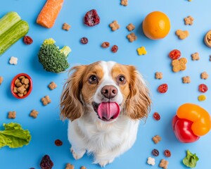A happy dog surrounded by various healthy foods on a blue background, showcasing a vibrant and nutritious pet-friendly meal.