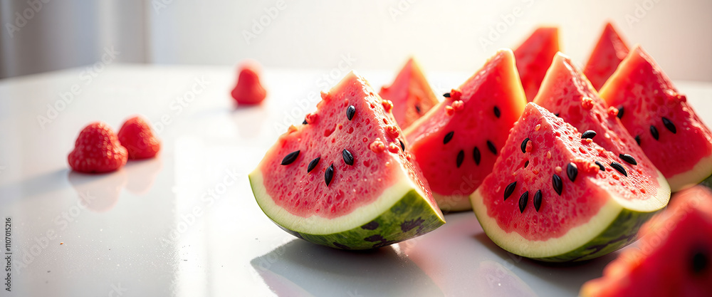 Poster a close up of a watermelon with a shadow on the table. the watermelon is cut into slices and is plac