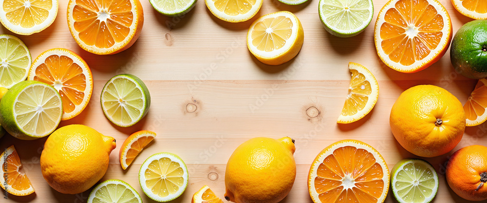 Poster a white background with a row of oranges and limes on it. the oranges are in various stages of ripen