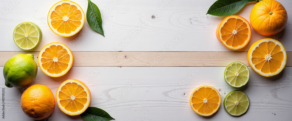 Poster a white background with a row of oranges and limes on it. the oranges are in various stages of ripen