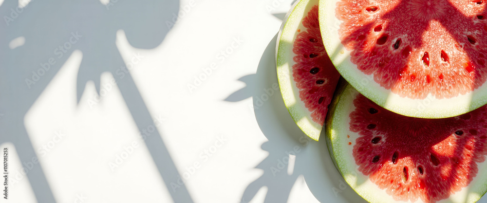 Poster a close up of a watermelon with a shadow on the table. the watermelon is cut into slices and is plac