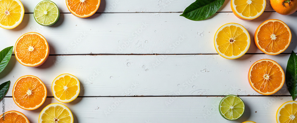 Poster a white background with a row of oranges and limes on it. the oranges are in various stages of ripen