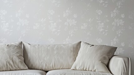 Cozy beige sofa with plush pillows against a soft floral patterned wall.