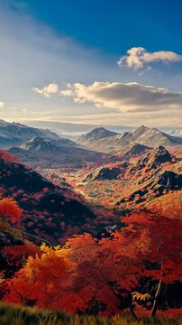 Breathtaking Autumn Landscape Showcasing Majestic Mountains and Vibrant Fall Foliage in a Picturesque Valley