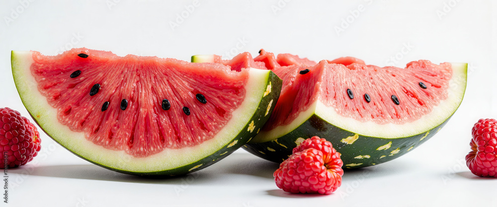 Poster a close up of a watermelon with a shadow on the table. the watermelon is cut into slices and is plac