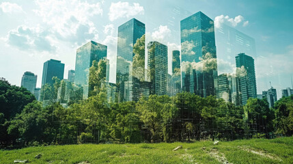 Obraz premium futuristic cityscape featuring tall glass buildings surrounded by lush greenery, showcasing blend of nature and modern architecture. scene reflects sustainability and innovation