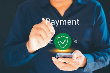 Online Payment Transactions The safest and most efficient way for secure online payment transactions with icons representing online transactions, financial technology, fintech.