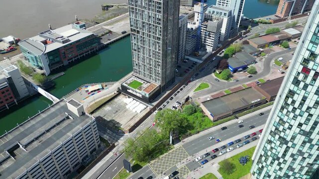 Historical and Modern British City Centre of Liverpool, Maritime city in northwest England, United Kingdom. Aerial Footage Was Captured with Drone's Camera on May 5th, 2024