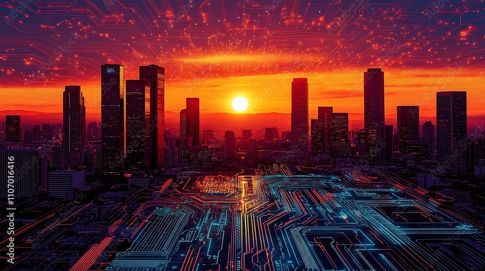 Poster sunset over a city skyline with digital circuit patterns.