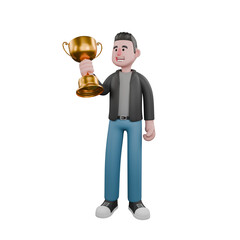 Creative 3D Model. A male screenwriter stands with his right hand holding a trophy while his left hand is beside his body. Artistic Illustration
