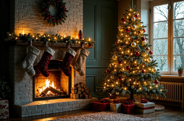 Christmas room and wall with fireplace, firewood, fire, garland and stockings on the fireplace, beautifully decorated Christmas tree with gifts under it