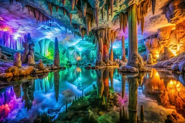 Obraz premium Mesmerizing Crystal Cave with Colorful Formations Reflecting Light, Showcasing Nature's Stunning Beauty and Intricate Patterns in a Magical Underground Wonderland