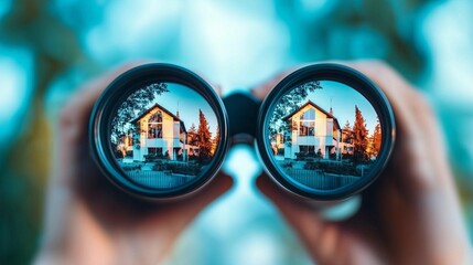 Binoculars focusing on a house, symbolizing the search for a new home in the real estate market.