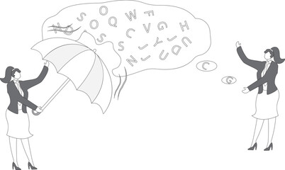 One bored man holding a umbrella and another verbose man talking with a lot of alphabet