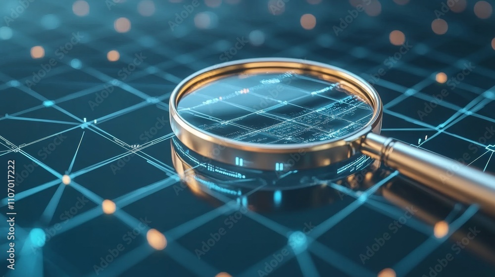 Poster 3d magnifying glass highlighting key data points on grid surface