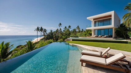 Fototapeta premium Beach House with Curved Design and Tropical Ocean Views V11