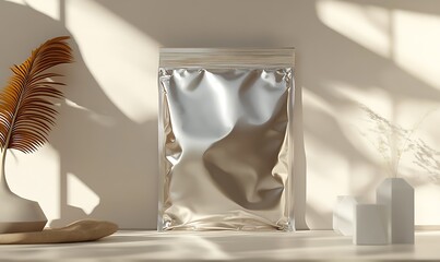 Elegant Silver Pouch Mockup with Minimalist Decor