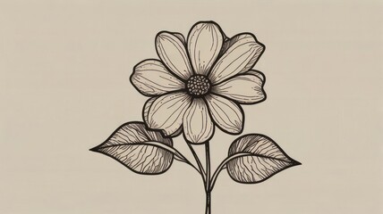 Fototapeta premium Detailed line art drawing of a single flower with leaves.
