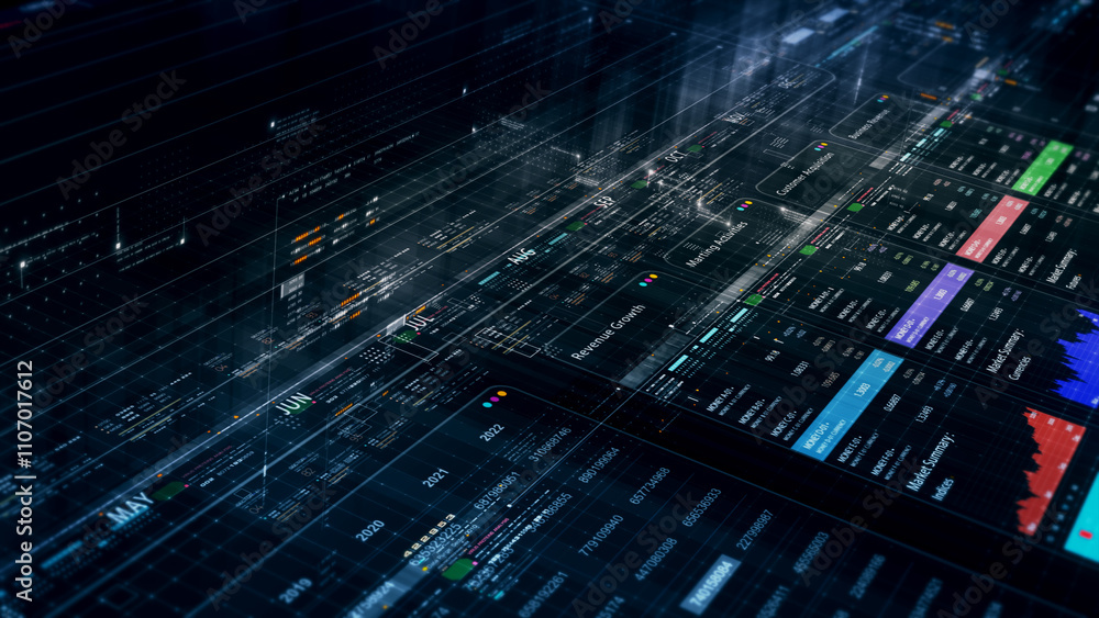 Poster Futuristic network simulation blending AI, quantum physics, and deep learning, with a particle matrix analyzing data in a sleek, HUD-style interface