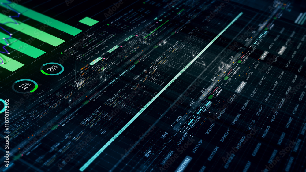 Aufkleber Futuristic network simulation blending AI, quantum physics, and deep learning, with a particle matrix analyzing data in a sleek, HUD-style interface