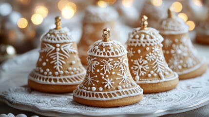 Close-up of bell-shaped cookies decorated with shiny gold icing, intricate snowflake patterns, reflecting soft holiday lights, Christmas-themed dessert elegance
