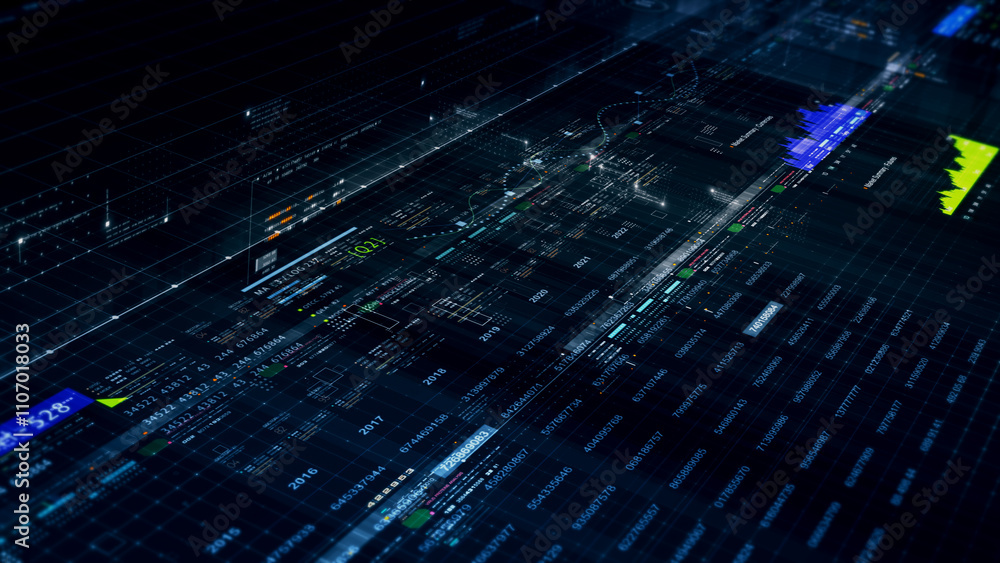 Leinwandbilder Futuristic network simulation blending AI, quantum physics, and deep learning, with a particle matrix analyzing data in a sleek, HUD-style interface