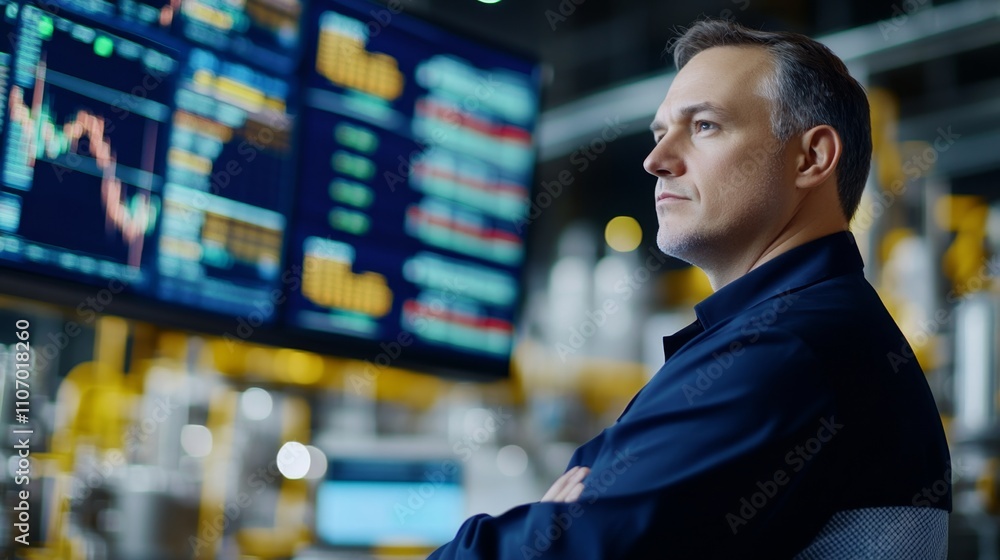 Poster professional trader analyzing financial data on large screen display