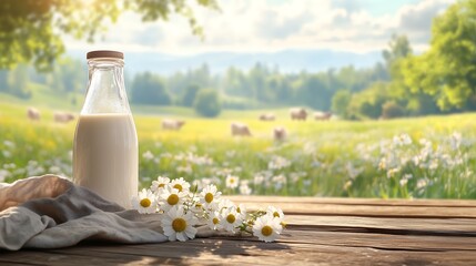 A bottle of fresh milk is placed on a wooden table. The background is slightly blurred. It is a rural scene with cows grazing in a pasture, giving a sense of the importance of nutritious food.