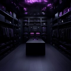 Dark, minimalist clothing boutique interior with purple lighting, showcasing apparel and accessories on shelves and display table.