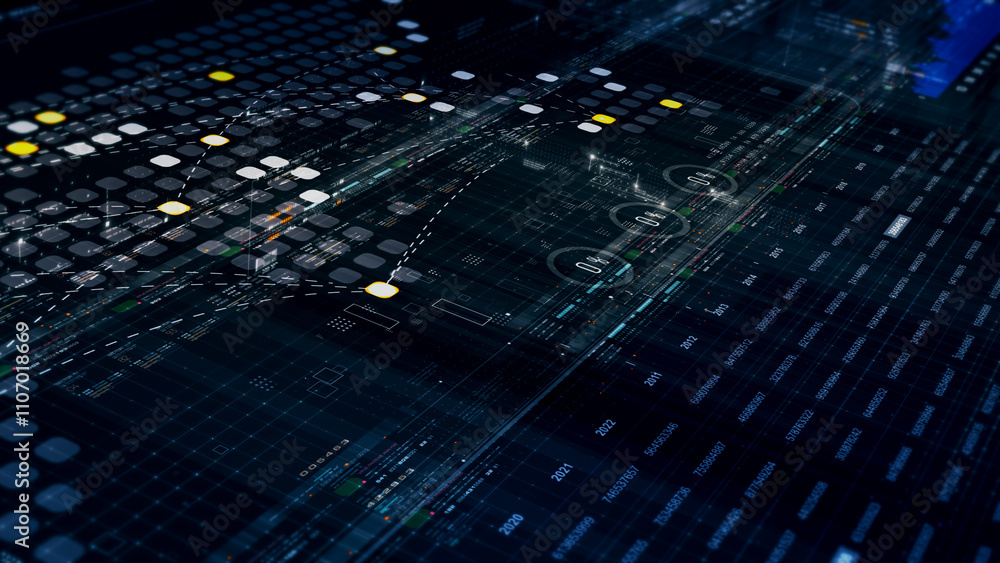 Aufkleber Futuristic network simulation blending AI, quantum physics, and deep learning, with a particle matrix analyzing data in a sleek, HUD-style interface