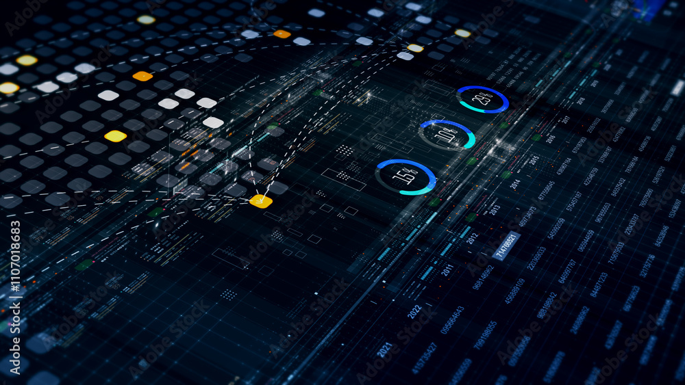Aufkleber Futuristic network simulation blending AI, quantum physics, and deep learning, with a particle matrix analyzing data in a sleek, HUD-style interface